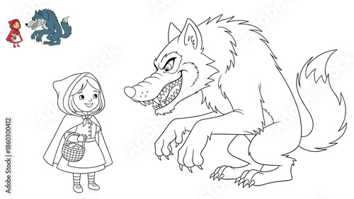 Coloring page illustration of Little Red Riding Hood with a basket facing the Big Bad Wolf with a colored reference image in the corner.