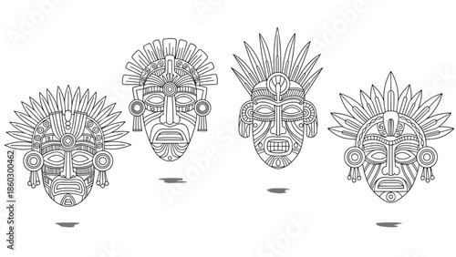 Set of four detailed black and white line art tribal masks inspired by ancient mesoamerican or indigenous designs on a white background.