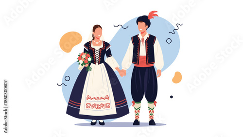 Illustration of a man and a woman dressed in traditional european folk costumes holding hands against a stylized blue and orange background.