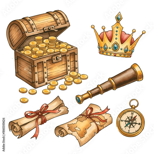 Vintage wooden pirate treasure chest filled with gold and antique tools