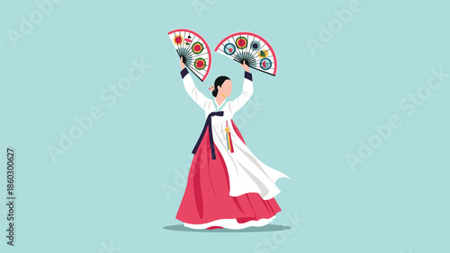 Woman wearing a traditional Korean Hanbok dress performing a graceful fan dance against a plain light blue background for cultural display.