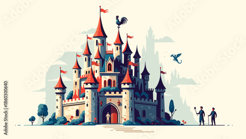 Detailed illustration of a medieval fairy tale castle with red-roofed towers, a flying dragon, and two knights standing at the entrance.