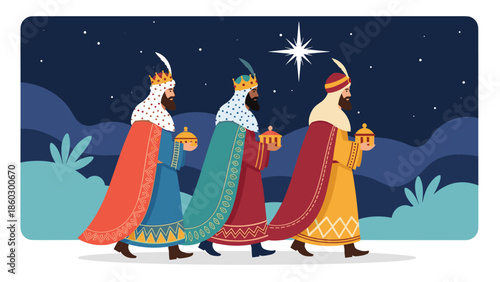 Biblical scene of the Three Wise Men in royal robes carrying gifts across a desert at night while following the bright Star of Bethlehem.