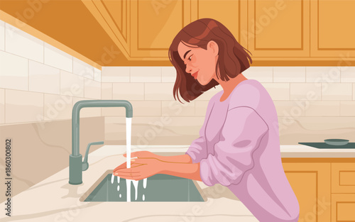 A woman washing her hands under running water in a kitchen sink with modern fixtures and wooden cabinets