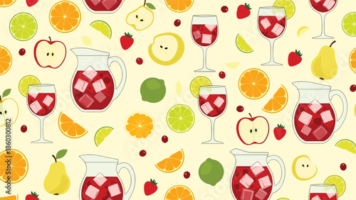Refreshing seamless pattern of sangria pitchers, wine glasses with ice, and assorted fruits like oranges, apples, and berries on a light background.