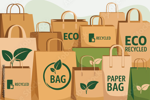 Eco-friendly paper bags with recycled materials and green leaves on a neutral background from a top-down viewpoint