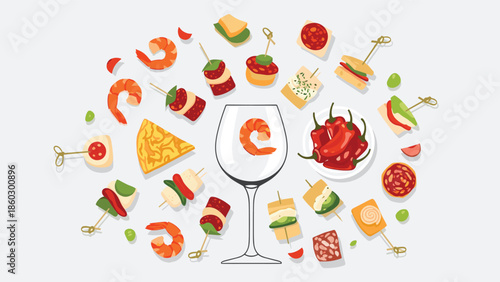 Assortment of Spanish tapas or pintxos on skewers arranged around a wine glass with a shrimp inside on a light background for culinary themes.