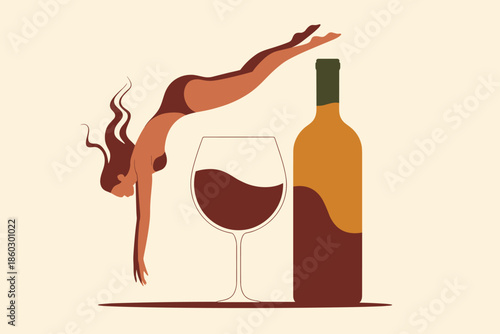 A woman dives into a wine glass beside a bottle of red wine