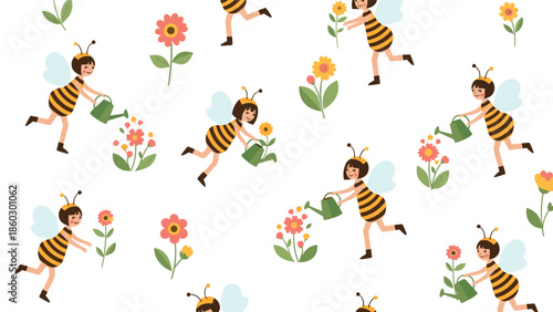 Adorable seamless pattern of little girls dressed as bee-fairies watering colorful flowers with green watering cans on a white background.