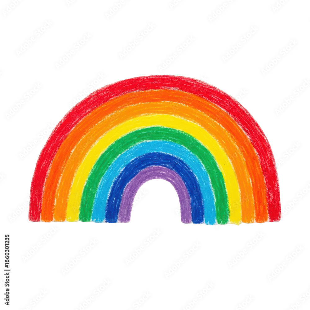 Fototapeta premium ultra-realistic, macro photograph of a vibrant, simple hand-drawn rainbow, rendered in thick wax crayons, isolated on a clean transparent background, concept of childhood creativity