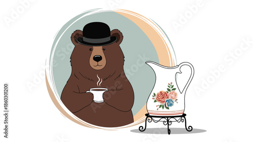 Charming illustration of a brown bear wearing a black bowler hat holding a cup of steaming tea next to a floral porcelain pitcher.