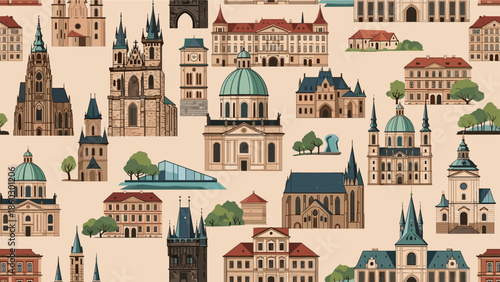Dense seamless pattern showcasing various historic European buildings and architectural styles from an old town city center.