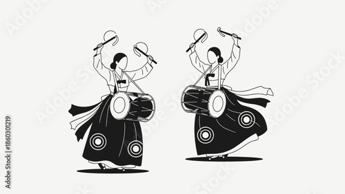 Black and white illustration of two women in traditional Korean attire performing a traditional drum dance with long flowing ribbons.