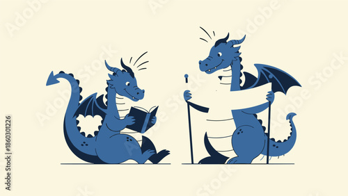 Two blue dragons in different poses, one sitting and reading a book and the other standing and holding a large blank piece of paper.