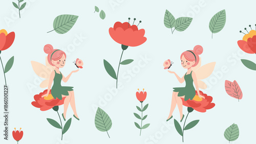 Sweet seamless pattern of pink-haired fairies sitting on red flowers with butterflies and green leaves on a soft light blue background.