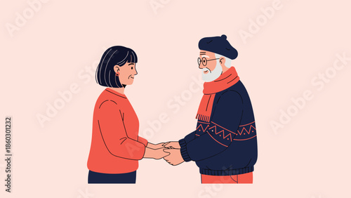 Warm illustration of an elderly man and woman in winter clothes holding hands and looking at each other lovingly on a pink background.