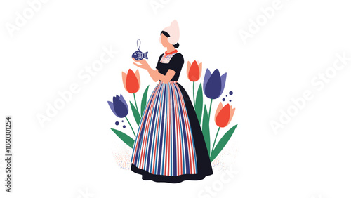Stylized illustration of a woman in traditional Dutch national dress holding a Delftware fish ornament among colorful blooming tulips.