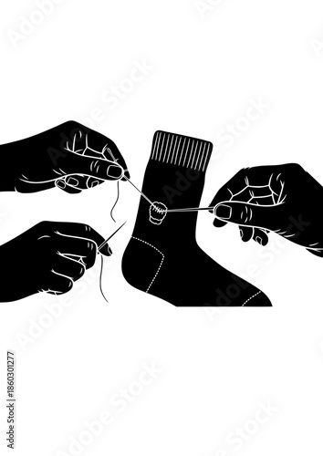 Sustainable Fashion Silhouette of Hands Repairing Clothing for Circular Economy and Zero Waste DIY Craft Lifestyle Concept Vector