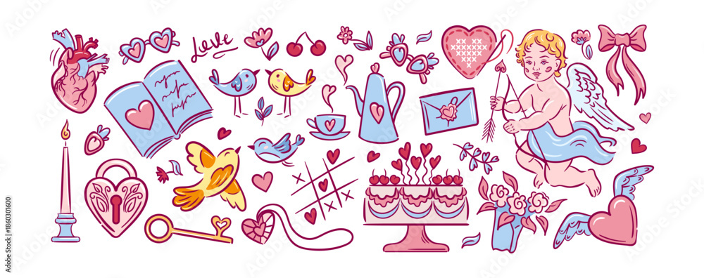 Fototapeta premium A charming vintage line art scene for Valentine s Day. Cupid, a castle, birds, and hearts mingle with cake, a teapot, and a playful bow.