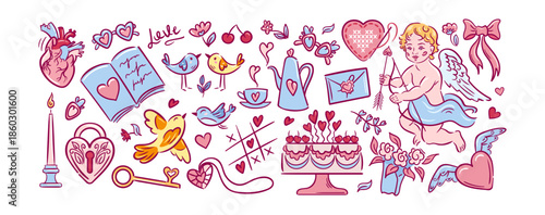 A charming vintage line art scene for Valentine s Day. Cupid, a castle, birds, and hearts mingle with cake, a teapot, and a playful bow.