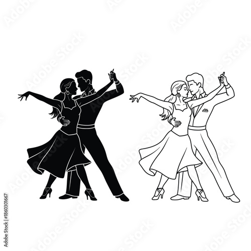 Elegant silhouettes of couples dancing outlined in black and white showcasing graceful poses and partnership