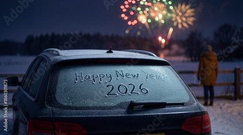 Happy New Year 2026 message on frosty car window with fireworks in snowy winter landscape