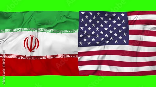 Iran v United States flag animation on green background. 4K