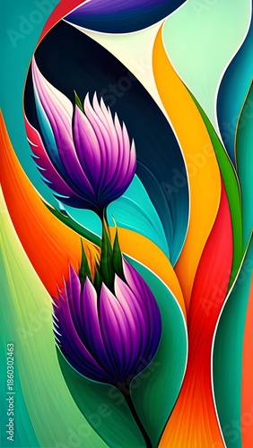 Two purple tulips with green leaves amidst colorful abstract swirls.
