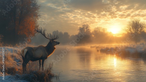 Majestic Elk Standing by River at Sunrise with Frosty Banks deer male deer photo