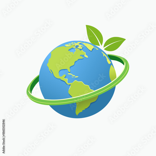 Eco-friendly planet earth with green leaves and ring.