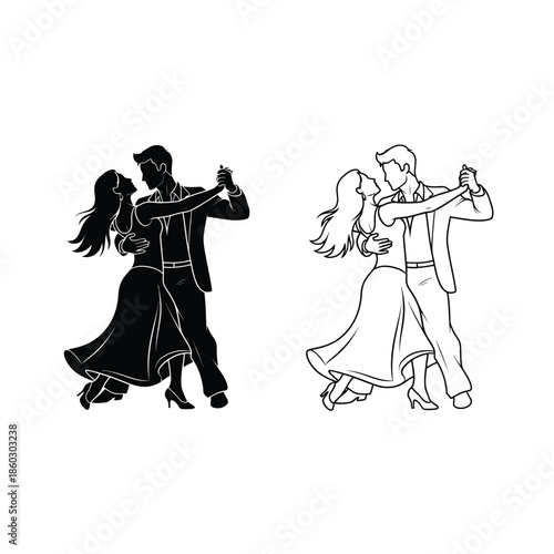 A striking visual comparison of a dancing couple presented in both solid black and delicate white line art styles