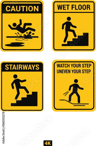 A set of green emergency exit signs with arrows and running man icons indicating evacuation routes and safety precautions.