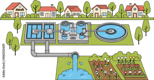 Wastewater treatment plant with houses and gardens.