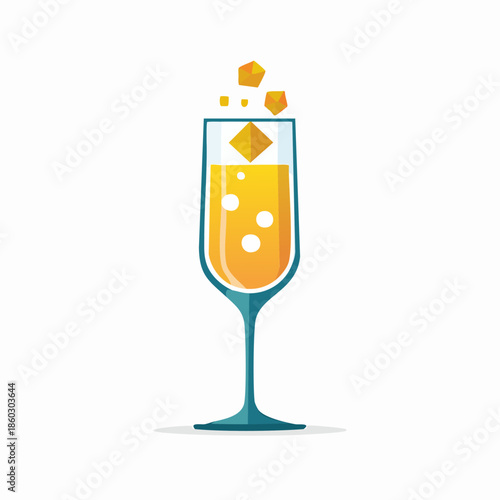 Elegant Champagne Glass with Bubbles and Golden Cubes.
