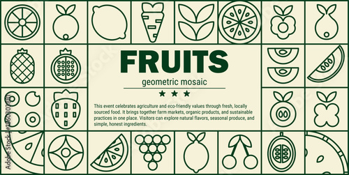 Lemon raspberry mosaic with abstract geometric lines apple carrot for farm fruit banner.