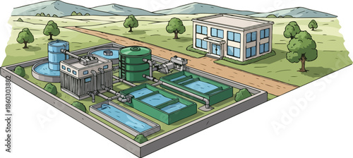 Water Treatment Plant and Building Illustration.