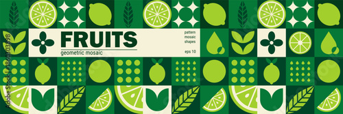 Abstract fruit mosaic with geometric lemon and lime leaves on organic background.