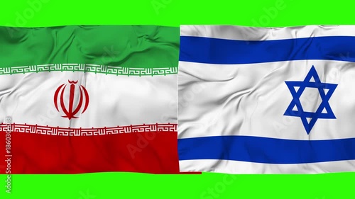 Iran v Israel flag animation on green background. 4K