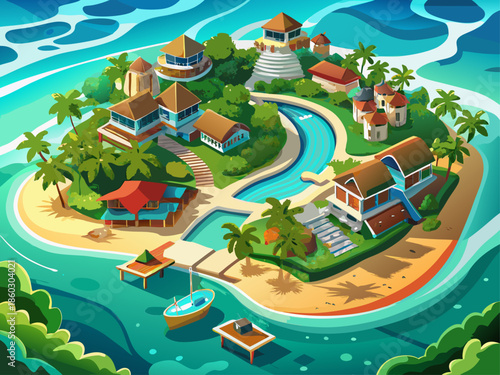 An aerial view of the Maldives, pristine beaches and lush greenery with flowing structures of a luxurious resort on an island among islands.