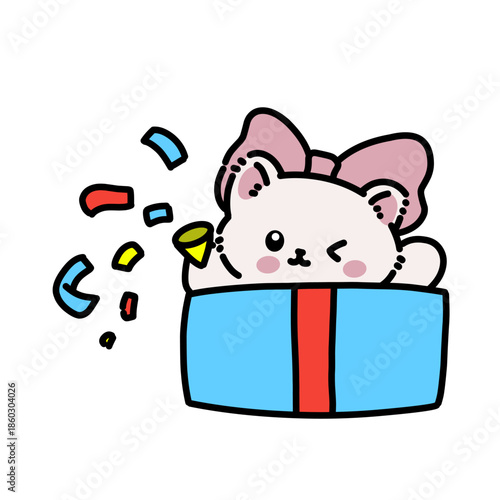 Cute cat popping out of a gift box with confetti.
