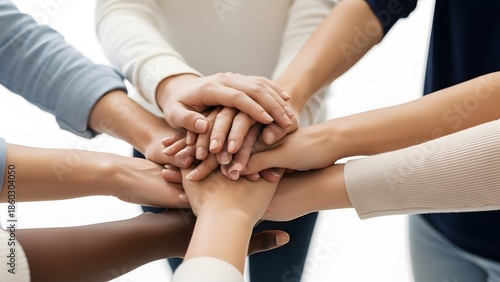 Team of people joined hands in unity. A close-up shot of several hands stacked together, symbolizing solidarity and agreement. Represents teamwork and cooperation