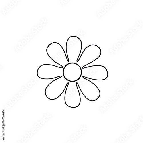 high-key flat lay of a minimalist black continuous line floral icon drawing with eight symmetrical rounded petals on a uniform transparent background, illustrating simple graphic design concept