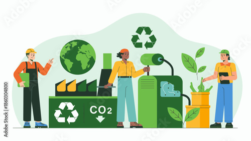 workers in an eco-friendly factory with recycling machinery vector illustration