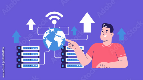 man pointing at a globe connected to web servers vector illustration