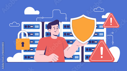 man with a shield protecting servers from threats vector illustration