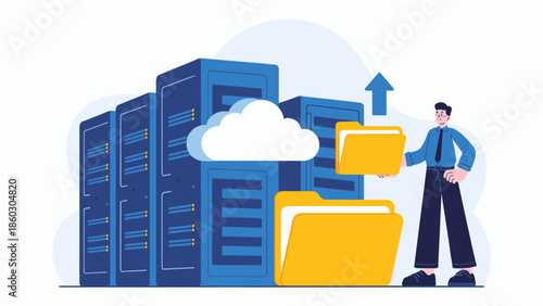 it specialist uploading folders to a cloud server, vector illustration
