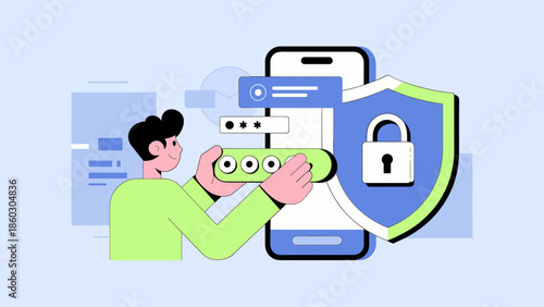 man entering a password on a smartphone with a security shield vector illustration