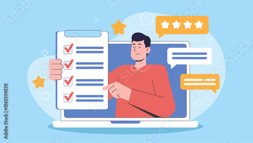 man on a laptop screen showing a completed checklist vector illustration