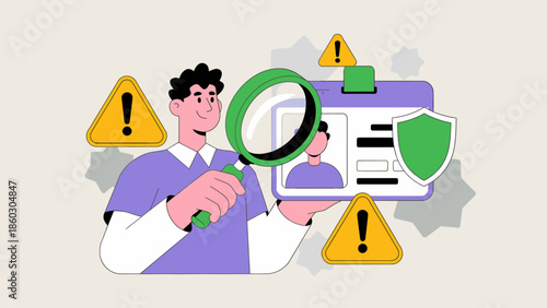 man with a magnifying glass inspecting an id card with warning signs vector illustration 