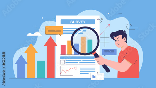 man with a magnifying glass analyzing a survey report vector illustration